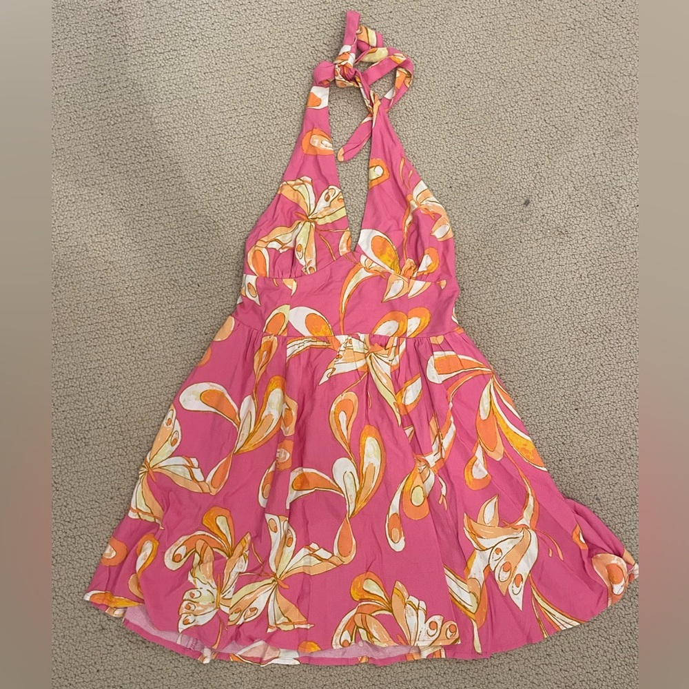 UO Pink and Orange Butterfly Halter Mini Dress